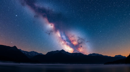 Milky Way over a lake with mountains and stars in the background