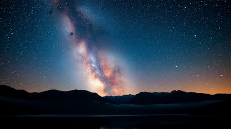 Milky way over the lake and mountains at night.