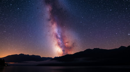 Milky Way over the lake at night with mountain in the background