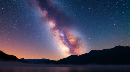 Milky Way over the lake with mountains in the background at nightの写真素材