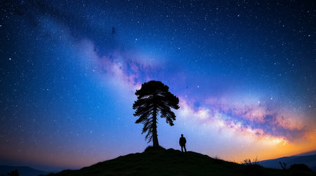 Silhouette of a man standing on the top of the mountain and watching the starry sky.