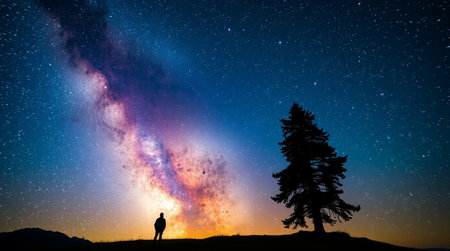 Silhouette of a man looking at the milky way at night
