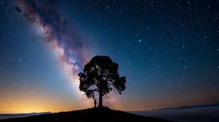 Milky Way Galaxy with Silhouette of a Tree in the Mountains