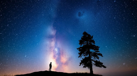 Silhouette of a man standing on top of a hill and looking at the milky way