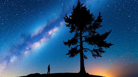 Silhouette of a man and pine tree against the starry skyの写真素材