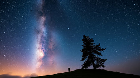 Silhouette of man standing on the top of a hill and looking at the Milky Way