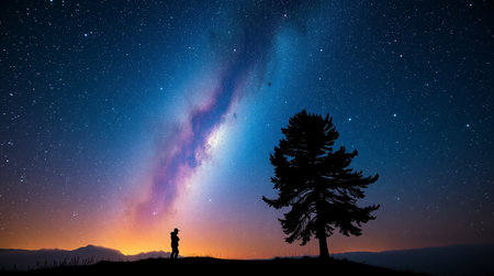 Silhouette of a woman standing on the top of a mountain and watching the Milky Way.の写真素材