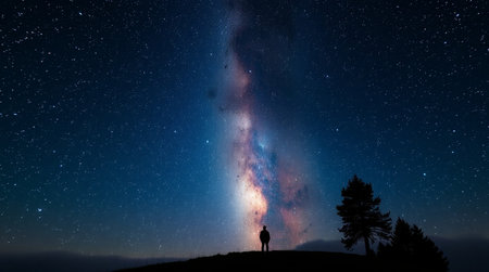 Silhouette of a man standing on the top of the mountain and looking at the milky way.
