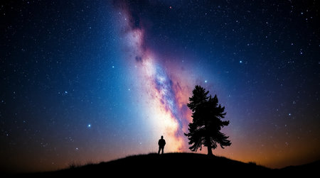 Silhouette of a man standing on the hill and looking at the milky way