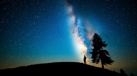 Silhouette of a woman standing on top of a pine tree and watching the milky wayの写真素材