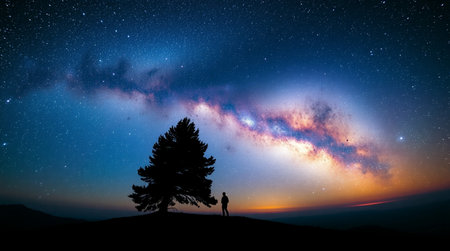 Silhouette of man and pine tree in the night sky with milky wayの写真素材