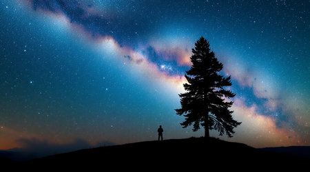 Silhouette of a man standing on the top of the mountain and watching the Milky Way.