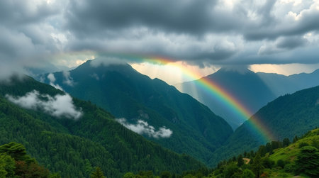 Rainbow in the mountains. Landscape of the Caucasus Mountains.の写真素材