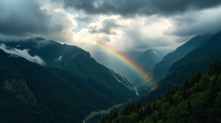 Rainbow in the mountains. Panoramic view of the Alps.の写真素材