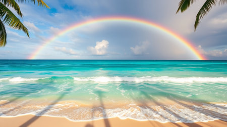 Tropical beach with palm trees and rainbow. Seascape backgroundの写真素材