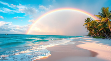 Beautiful rainbow over a tropical beach with palm trees and white sandの写真素材