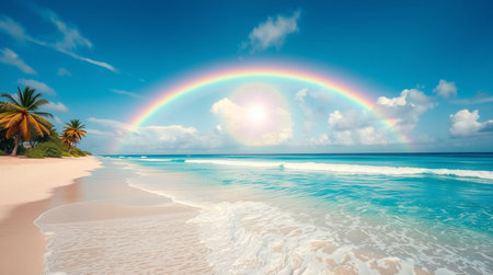 Beautiful tropical beach with turquoise ocean and rainbow in the skyの写真素材