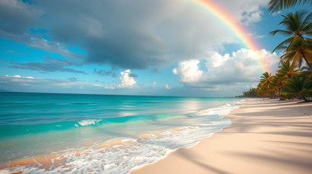 Beautiful tropical beach with coconut palm trees and rainbow in the skyの写真素材