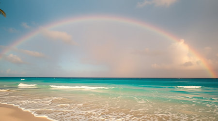 Rainbow over the tropical beach. Seascape with rainbow.の写真素材