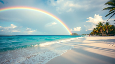 Tropical beach with coconut palm trees and rainbow in the skyの写真素材