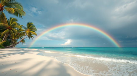Tropical beach with palm trees and a rainbow in the skyの写真素材