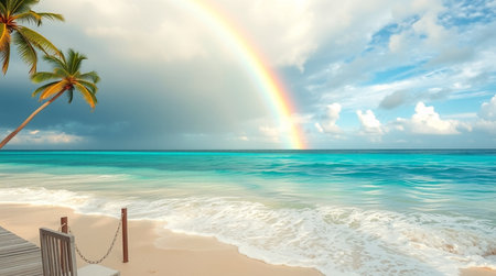 Tropical beach with palm trees and wooden deck chair with a rainbowの写真素材
