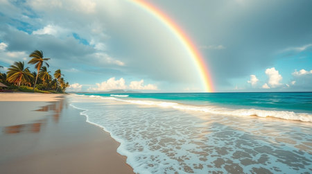 Beautiful tropical beach with rainbow in the sky. Panorama.の写真素材