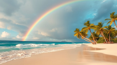 Palm trees on a tropical beach with a rainbow in the skyの写真素材