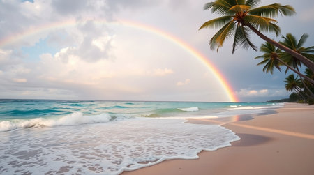Beautiful tropical beach with coconut palm trees and rainbow in the skyの写真素材