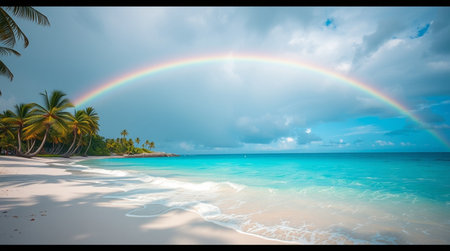 Beautiful rainbow over the tropical beach at Seychelles.の写真素材