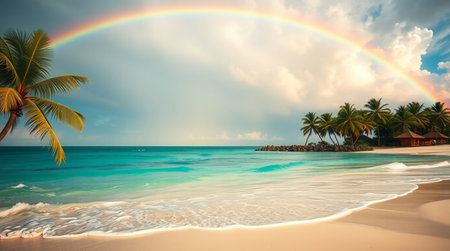 Tropical beach with palm trees and rainbow in the sky.の写真素材