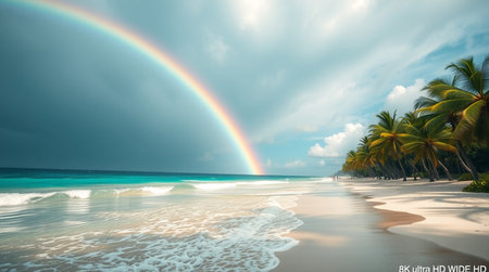 Rainbow over a tropical beach with palm trees and turquoise waterの写真素材