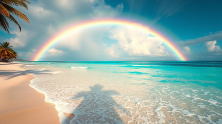 tropical beach with palm tree and rainbow in the sky, nature seriesの写真素材