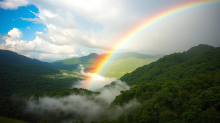 Beautiful rainbow in the mountains. Panoramic view of the mountains.の写真素材