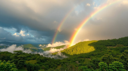 Rainbow over the mountain and forest in the morning, Thailand.の写真素材
