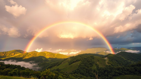 Rainbow over the mountains. Panoramic view of the Ukrainian Carpathians.の写真素材