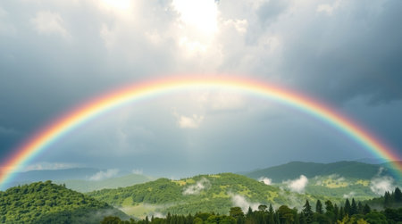 Rainbow over the forest and mountains in the Ukrainian Carpathiansの写真素材