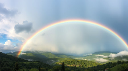 Rainbow over the mountains, panoramic view of the landscapeの写真素材