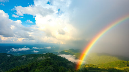 Rainbow over the mountain at Doi Ang Khang, Chiang Mai, Thailandの写真素材