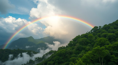 Rainbow over the mountain in the morning. Nature landscape background.の写真素材
