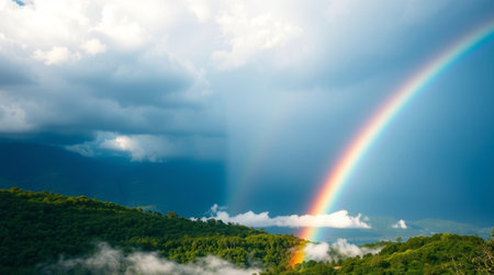 Rainbow in the sky over the green mountains. Nature background.の写真素材