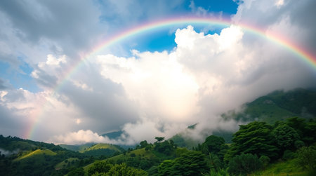 Rainbow in the mountains with cloud and blue sky, Thailand.の写真素材