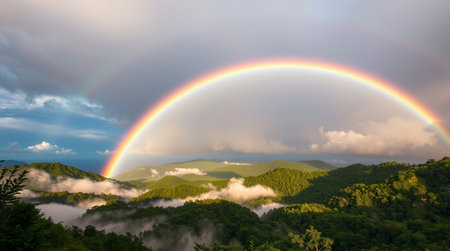 Rainbow over the mountains in the morning, Chiang Mai, Thailandの写真素材