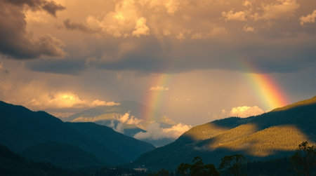 Beautiful rainbow over the mountains at sunset. Panoramic view.の写真素材