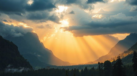 Sunset in the mountains with clouds and sunbeams.の写真素材