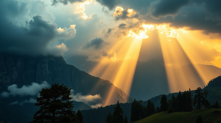 Sunset in the Dolomites, Italy. The sun is shining through the clouds.の写真素材