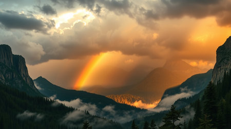 Rainbow in the clouds over the mountains in Yosemite National Park, California, USAの写真素材