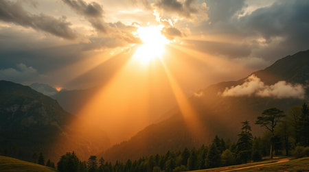 Beautiful sunset in the mountains. The sun breaks through the clouds.の写真素材