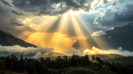 Sunset in the mountains with clouds and sunbeams. Beautiful summer landscape.の写真素材