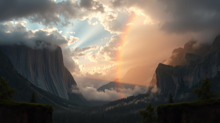 Yosemite National Park, California, USA. Panoramic view of the valley with rainbow.の写真素材